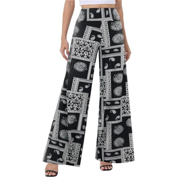 Wide Leg Palazzo Pants for Women Black Print - Picture 1 of 5